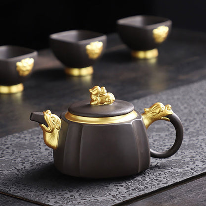 Kung Fu Tea Set Purple Clay Black Gold Dragon 15-Piece