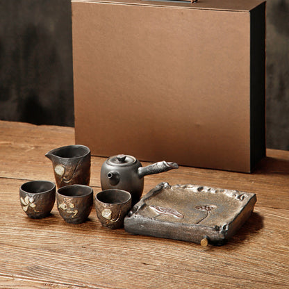 Lotus Tea Set – Hand-Carved Clay Teapot Set with Tray