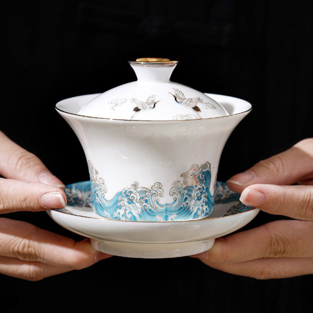 Dehua Suet Jade Porcelain Tea Set 11pc | Red-Crowned Crane
