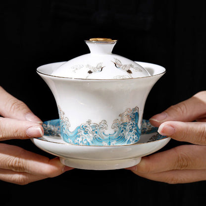 Dehua Suet Jade Porcelain Tea Set 11pc | Red-Crowned Crane
