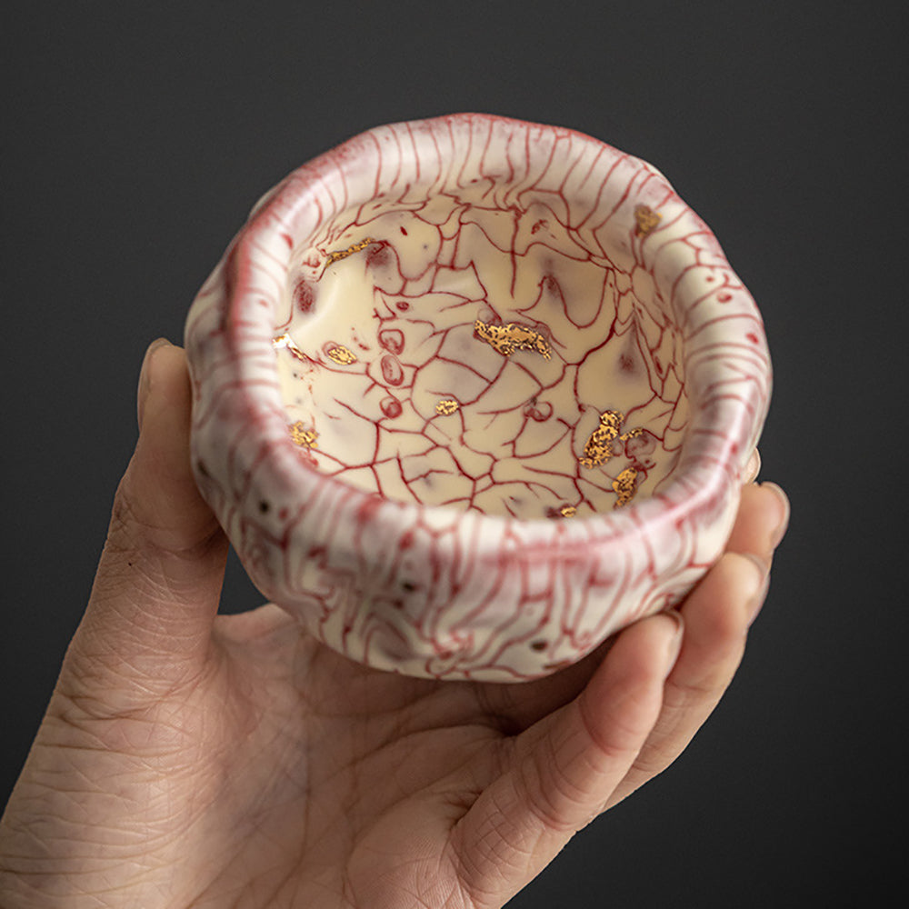 Kung Fu Tea Cup Ceramic Pink Magma Crack Gold Sa-kin Accent