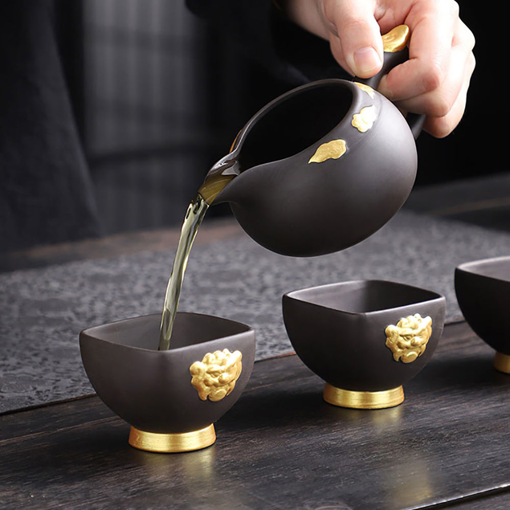 Kung Fu Tea Set Purple Clay Black Gold Dragon 15-Piece