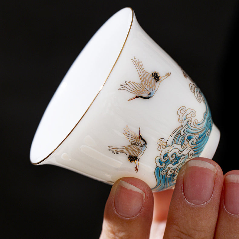 Dehua Suet Jade Porcelain Tea Set 11pc | Red-Crowned Crane