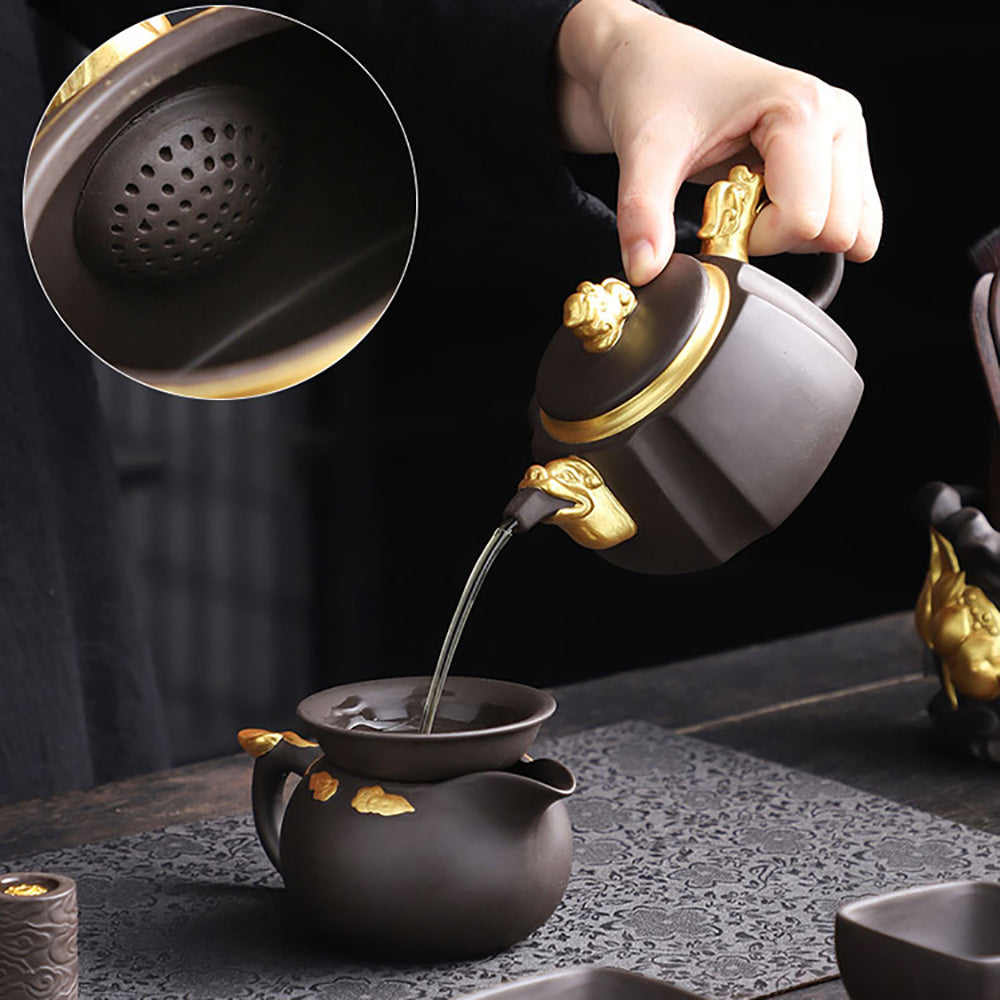 Kung Fu Tea Set Purple Clay Black Gold Dragon 15-Piece