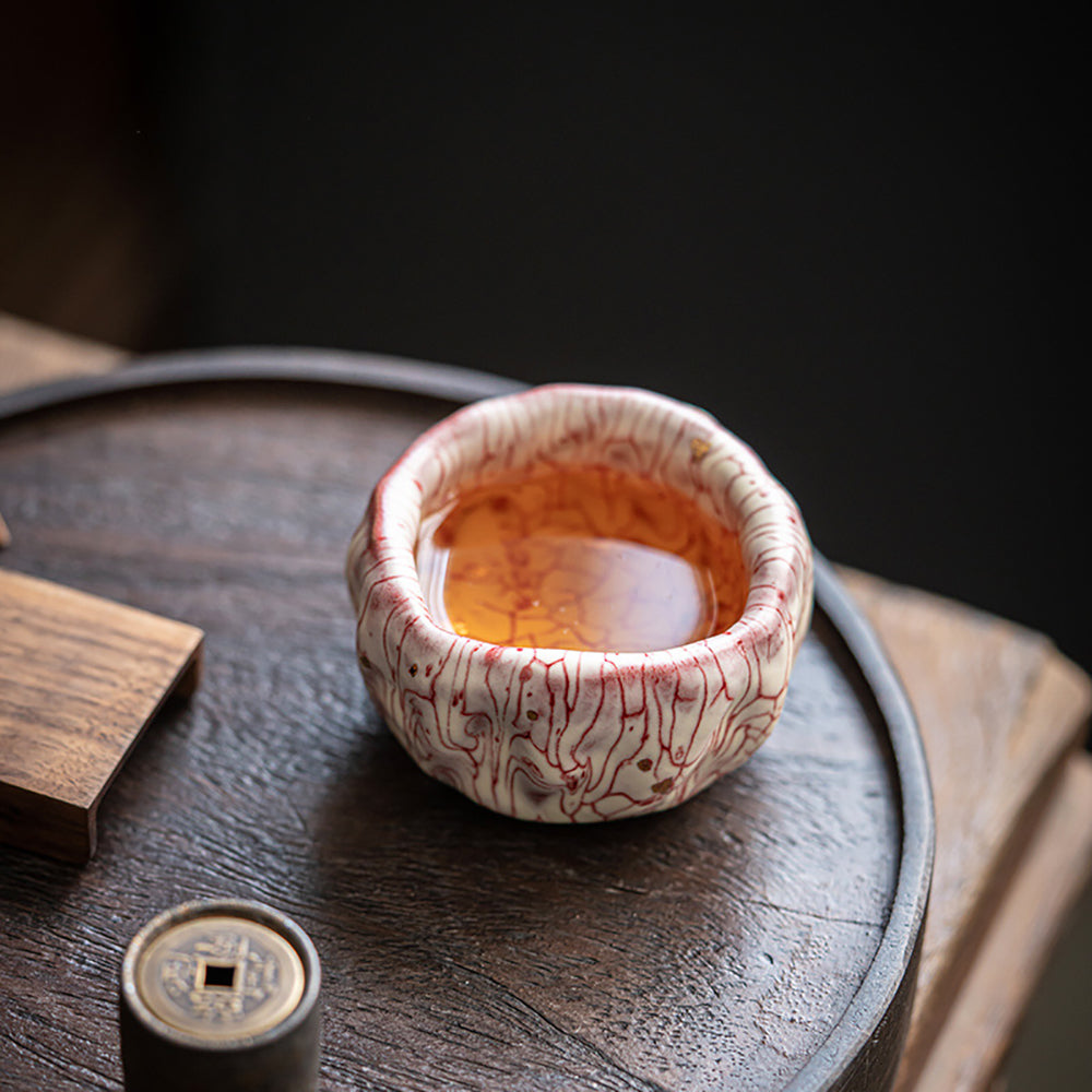 Kung Fu Tea Cup Ceramic Pink Magma Crack Gold Sa-kin Accent