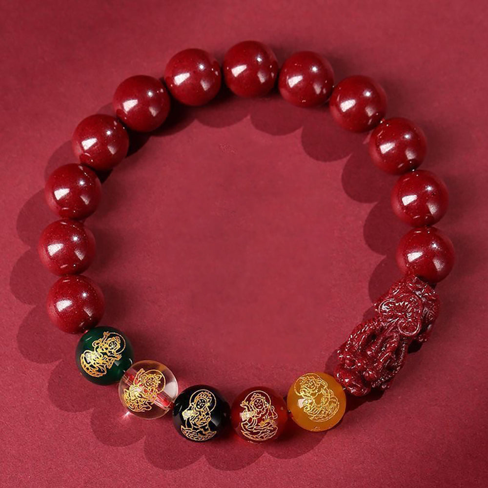 Cinnabar Bracelet Pixiu Five Wealth Gods Agate 10mm Bead