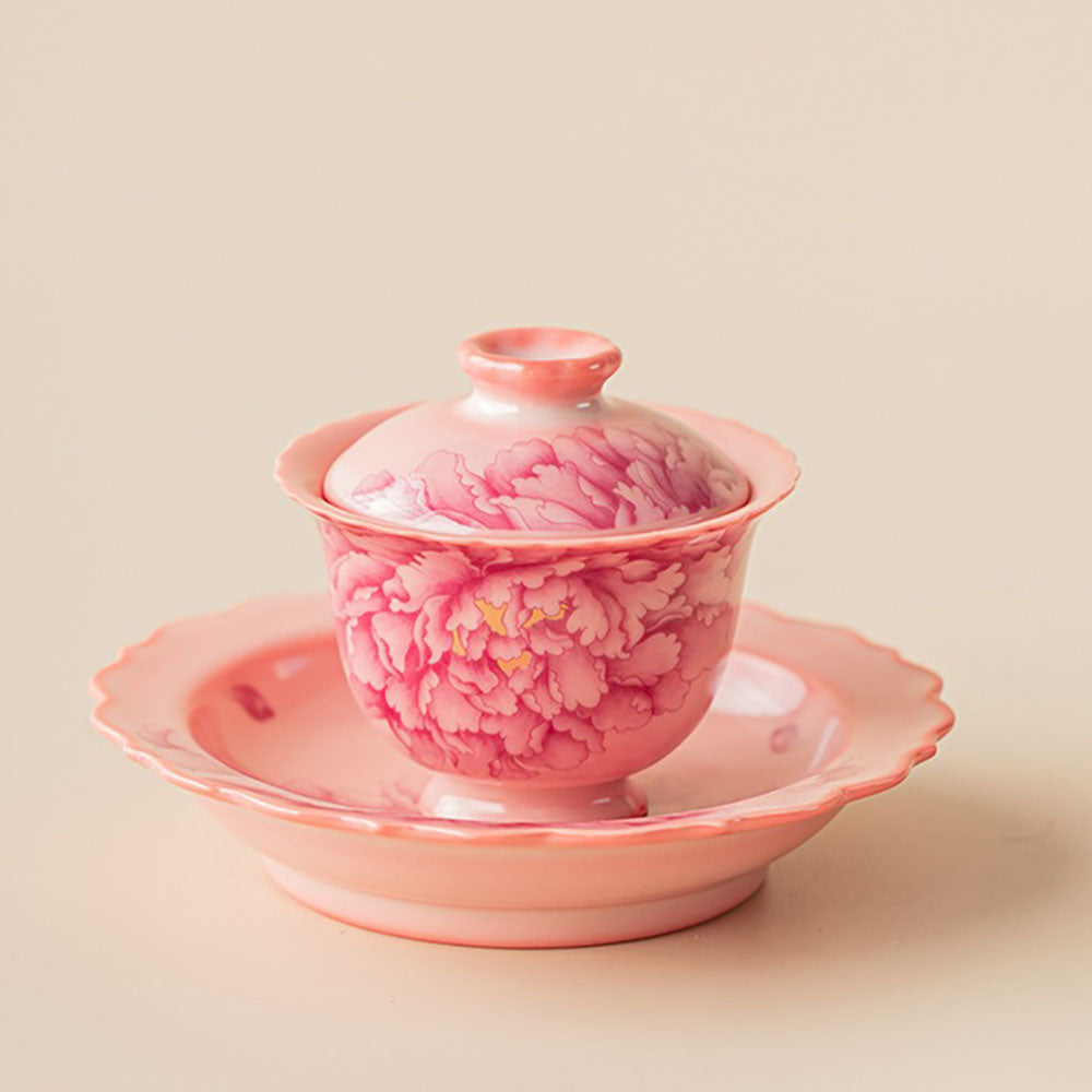 Gaiwan Ruyao Porcelain Pink Peony Tea Bowl with Saucer