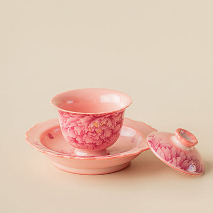 Gaiwan Ruyao Porcelain Pink Peony Tea Bowl with Saucer