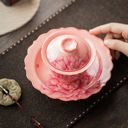 Gaiwan Ruyao Porcelain Pink Peony Tea Bowl with Saucer