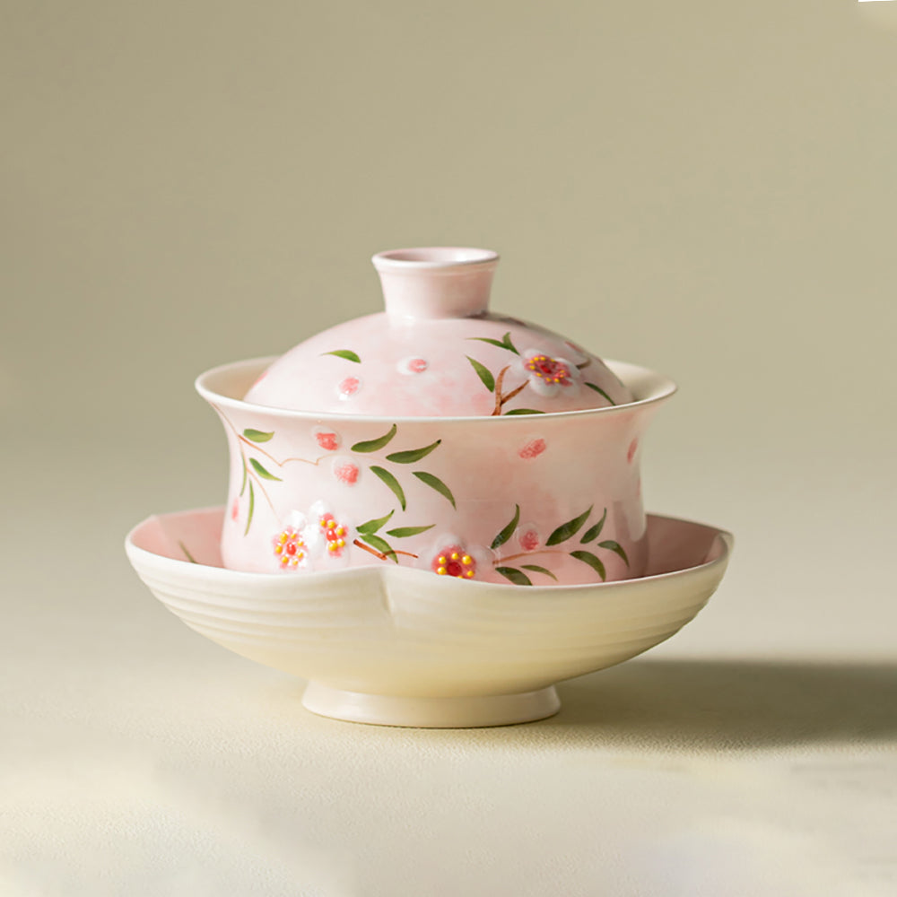 Gaiwan Tea Cup Set – Hand-Painted Peach Blossom Porcelain with Tray, Traditional Chinese Tea Ceremony
