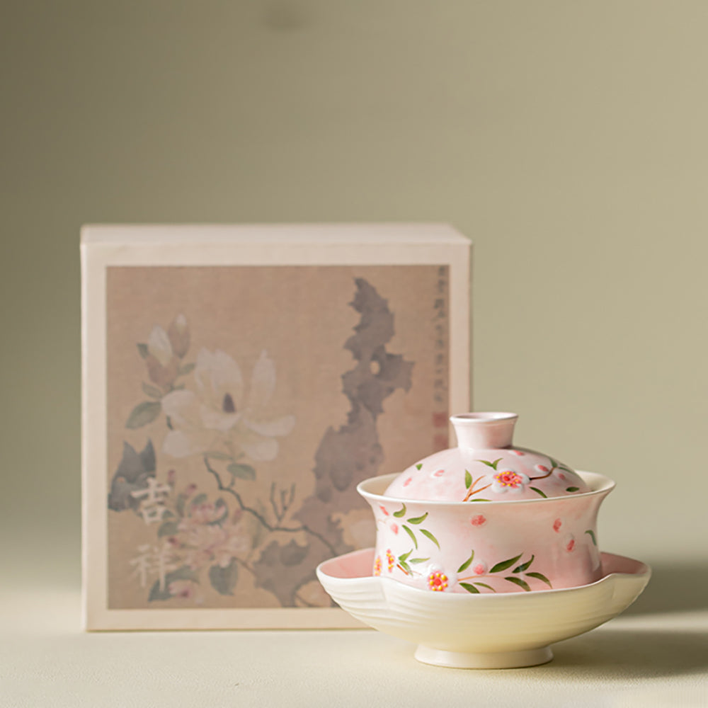 Gaiwan Tea Cup Set – Hand-Painted Peach Blossom Porcelain with Tray, Traditional Chinese Tea Ceremony
