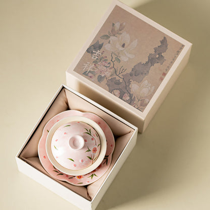 Gaiwan Tea Cup Set – Hand-Painted Peach Blossom Porcelain with Tray, Traditional Chinese Tea Ceremony