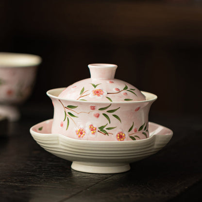 Gaiwan Tea Cup Set – Hand-Painted Peach Blossom Porcelain with Tray, Traditional Chinese Tea Ceremony