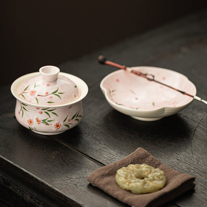 Gaiwan Tea Cup Set – Hand-Painted Peach Blossom Porcelain with Tray, Traditional Chinese Tea Ceremony