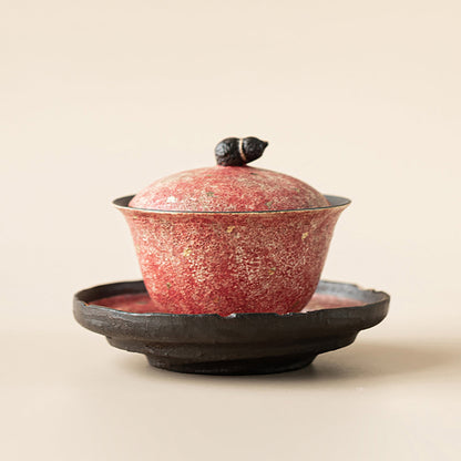 Gaiwan Rock Ore Pottery Pink Gold Gourd Lid Zen 160ml & Saucer