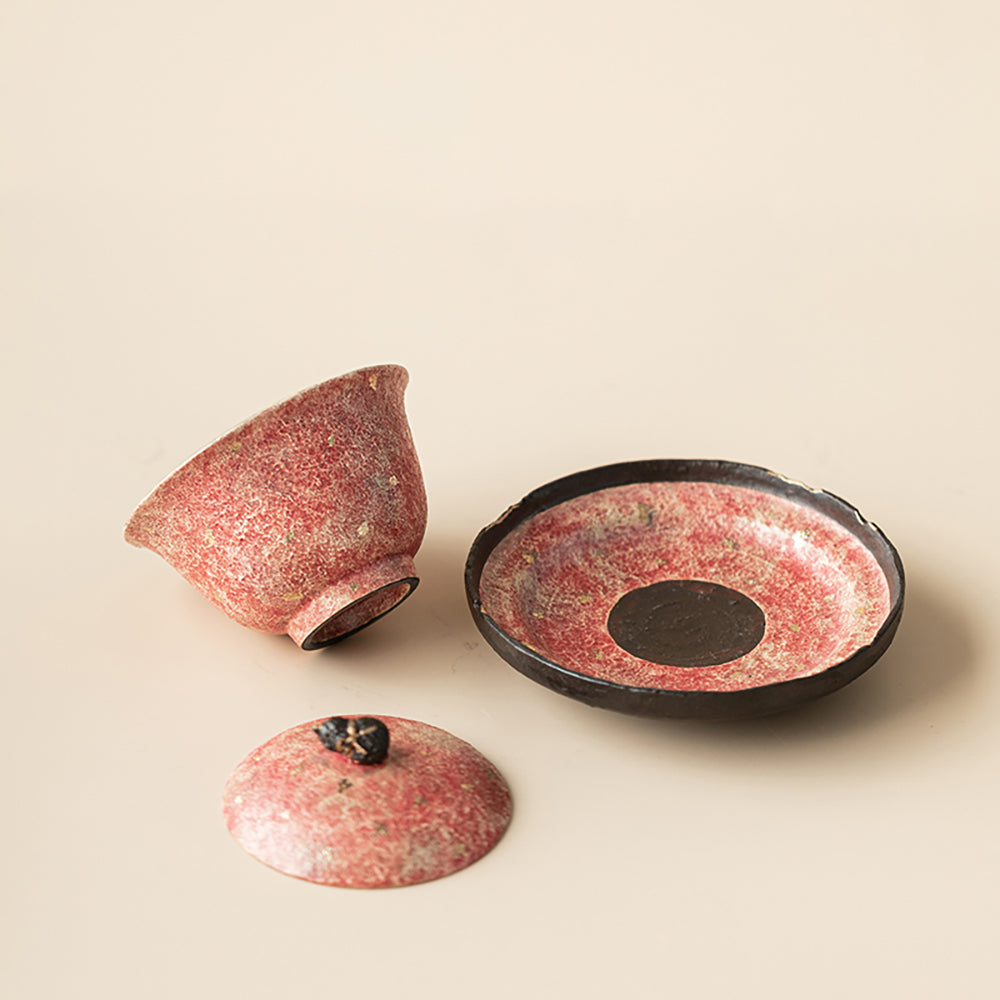 Gaiwan Rock Ore Pottery Pink Gold Gourd Lid Zen 160ml & Saucer