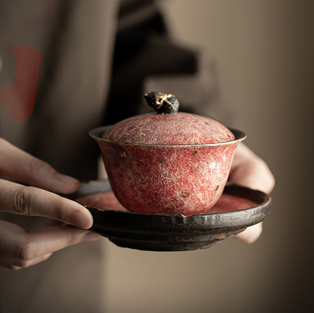 Gaiwan Rock Ore Pottery Pink Gold Gourd Lid Zen 160ml & Saucer