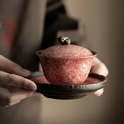 Gaiwan Rock Ore Pottery Pink Gold Gourd Lid Zen 160ml & Saucer