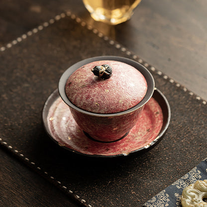 Gaiwan Rock Ore Pottery Pink Gold Gourd Lid Zen 160ml & Saucer