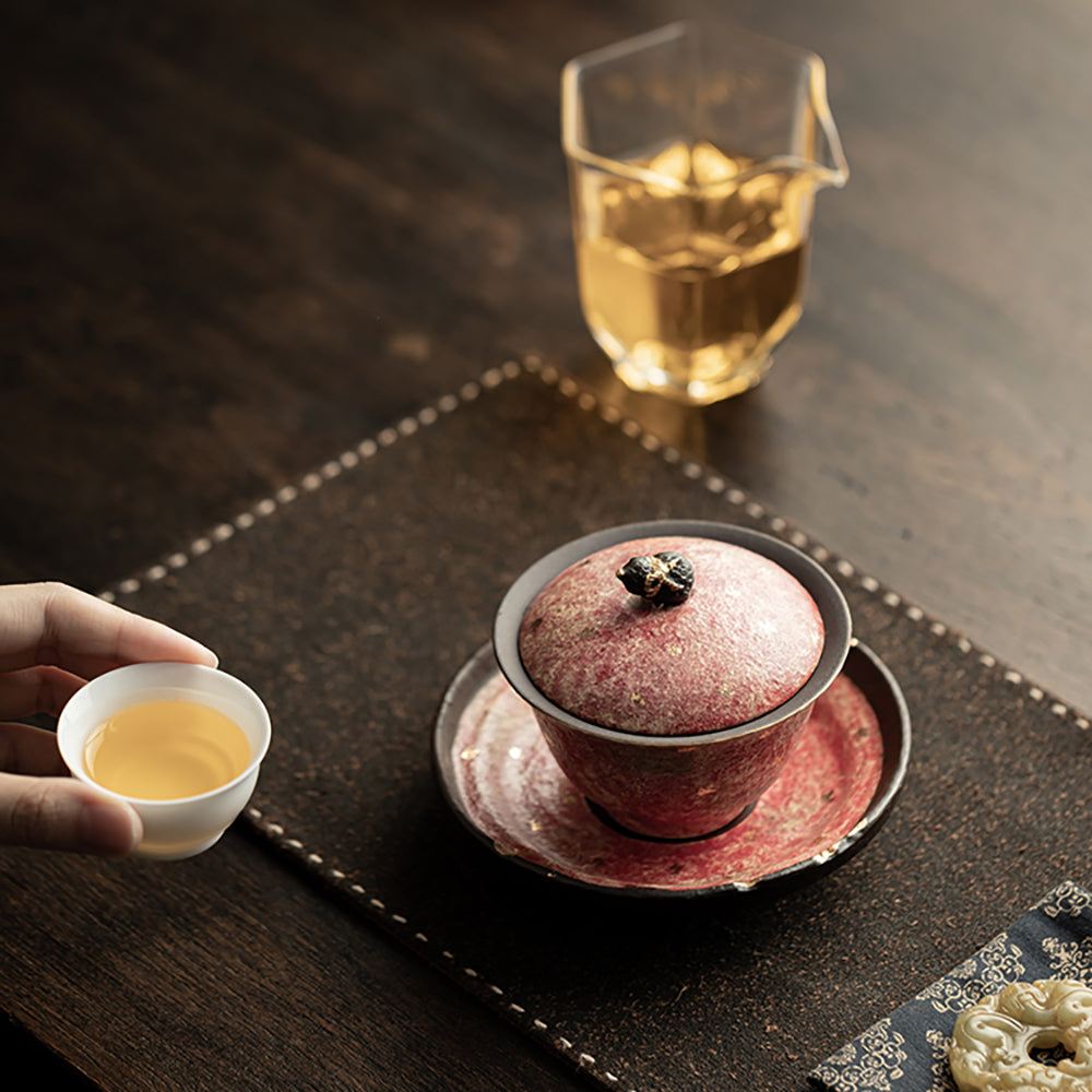 Gaiwan Rock Ore Pottery Pink Gold Gourd Lid Zen 160ml & Saucer