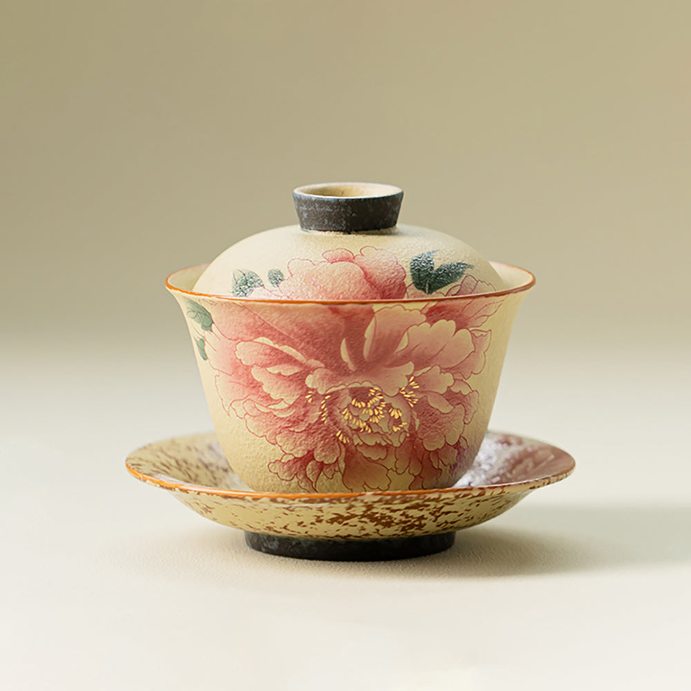 Gaiwan Ceramic Flint Red Peony Gold 120ml with Saucer
