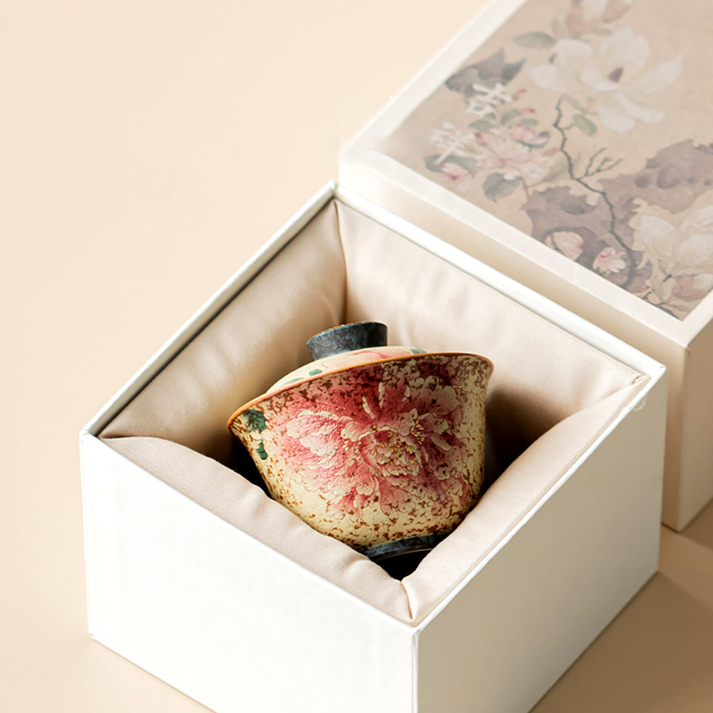 Gaiwan Ceramic Flint Red Peony Gold 120ml with Saucer