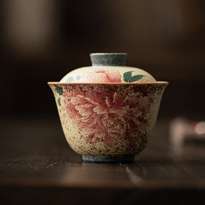 Gaiwan Ceramic Flint Red Peony Gold 120ml with Saucer