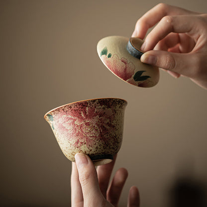 Gaiwan Ceramic Flint Red Peony Gold 120ml with Saucer