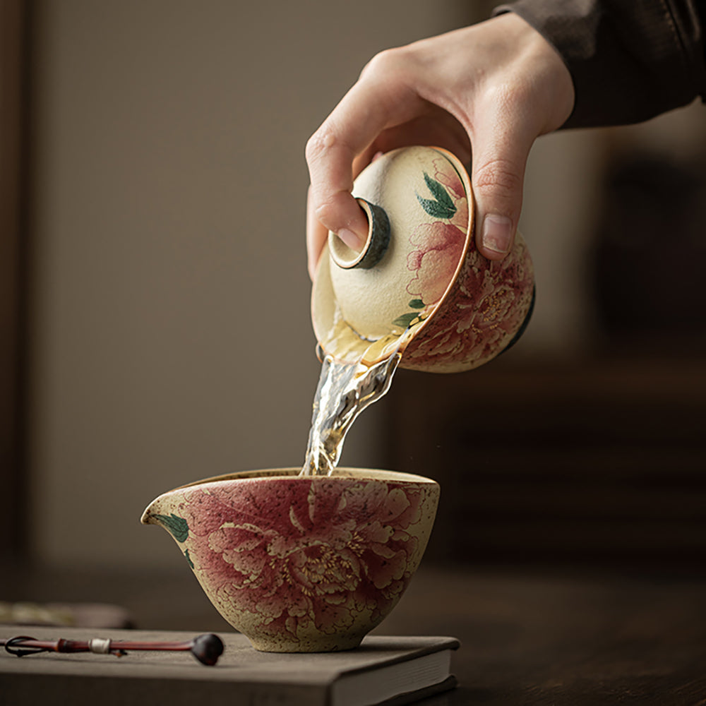 Gaiwan Ceramic Flint Red Peony Gold 120ml with Saucer