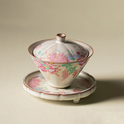 Ru Kiln Porcelain Gaiwan Floral Garden Tea Set