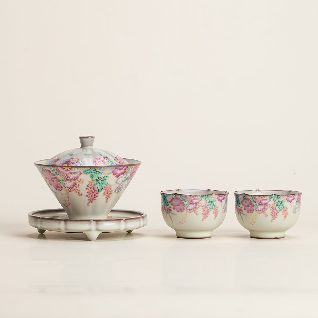 Ru Kiln Porcelain Gaiwan Floral Garden Tea Set