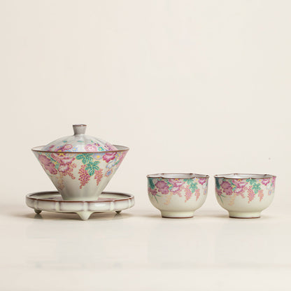 Ru Kiln Porcelain Gaiwan Floral Garden Tea Set