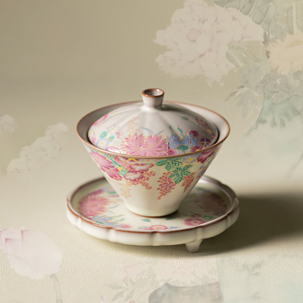 Ru Kiln Porcelain Gaiwan Floral Garden Tea Set