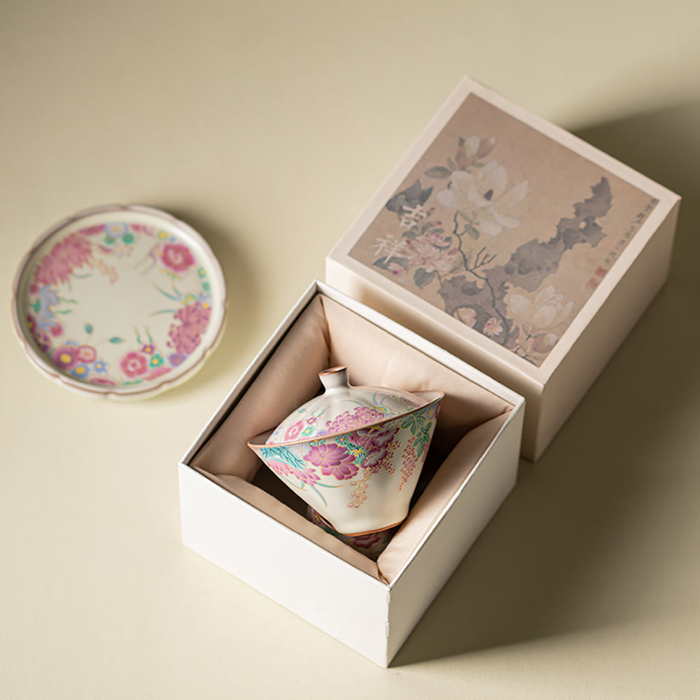 Ru Kiln Porcelain Gaiwan Floral Garden Tea Set