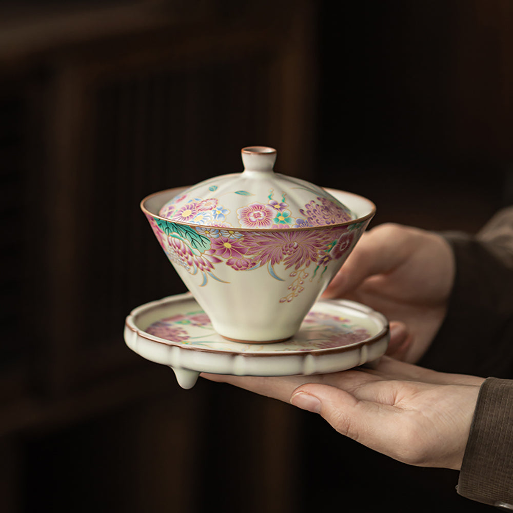 Ru Kiln Porcelain Gaiwan Floral Garden Tea Set