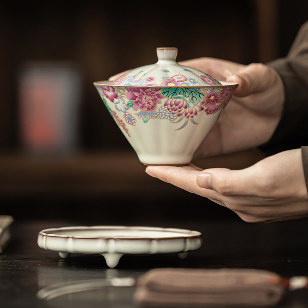 Ru Kiln Porcelain Gaiwan Floral Garden Tea Set