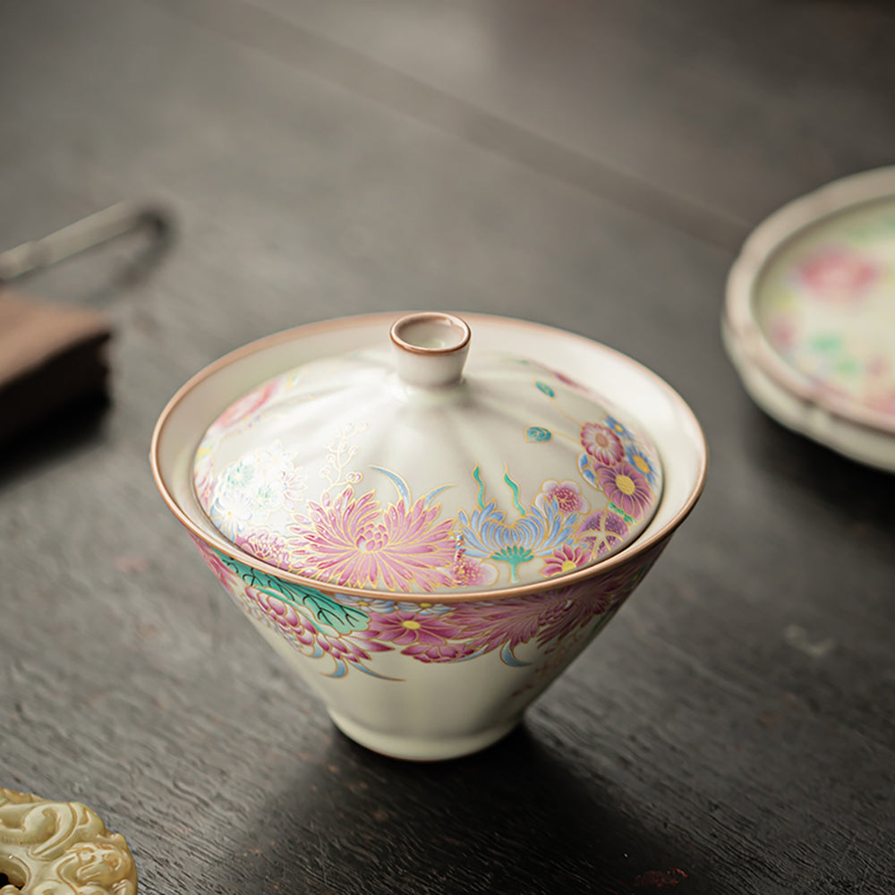 Ru Kiln Porcelain Gaiwan Floral Garden Tea Set