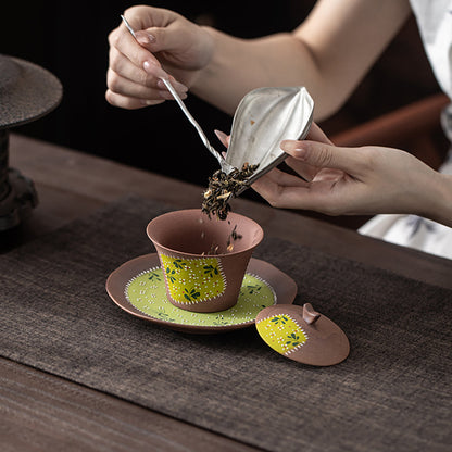Pottery Gaiwan Tea Cup – Hand-Painted Daisy Patches Old Rock Clay, 120ml Retro Gongfu Tea Set with Saucer