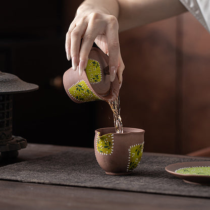 Pottery Gaiwan Tea Cup – Hand-Painted Daisy Patches Old Rock Clay, 120ml Retro Gongfu Tea Set with Saucer