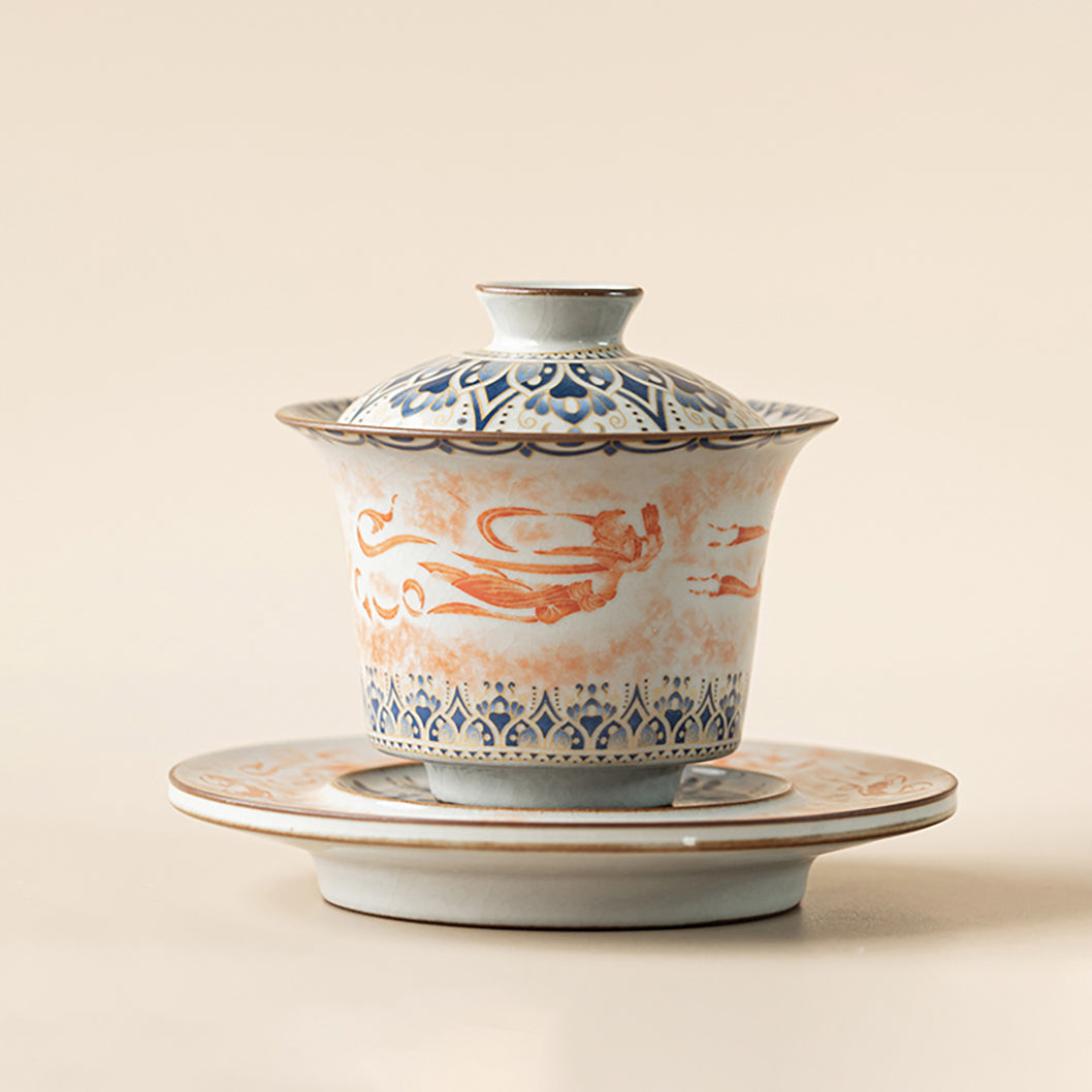 Ruyao Porcelain Gaiwan – Dunhuang Flying Apsaras Lotus Ice Crack Glaze