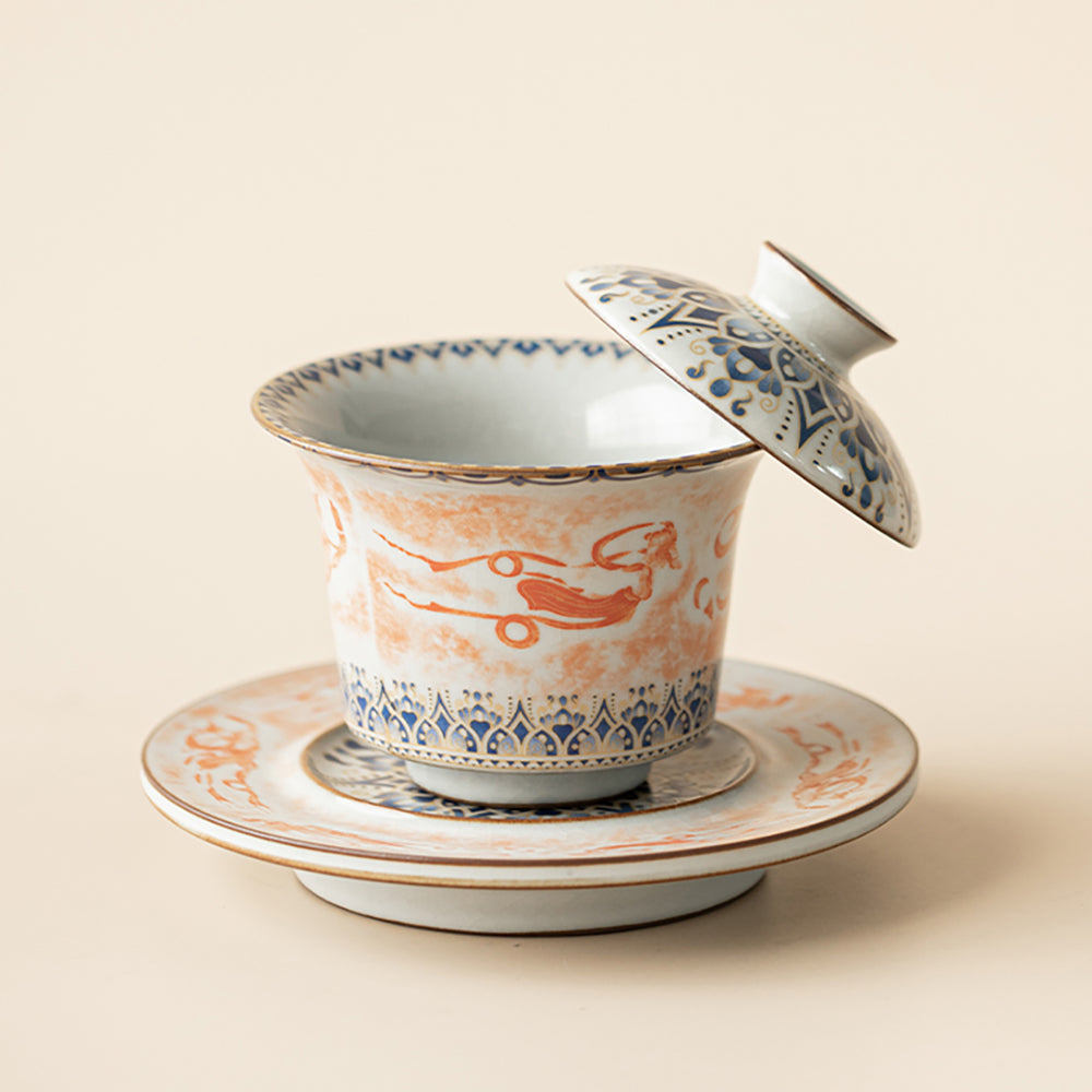 Ruyao Porcelain Gaiwan – Dunhuang Flying Apsaras Lotus Ice Crack Glaze