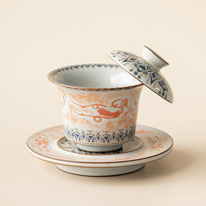 Ruyao Porcelain Gaiwan – Dunhuang Flying Apsaras Lotus Ice Crack Glaze