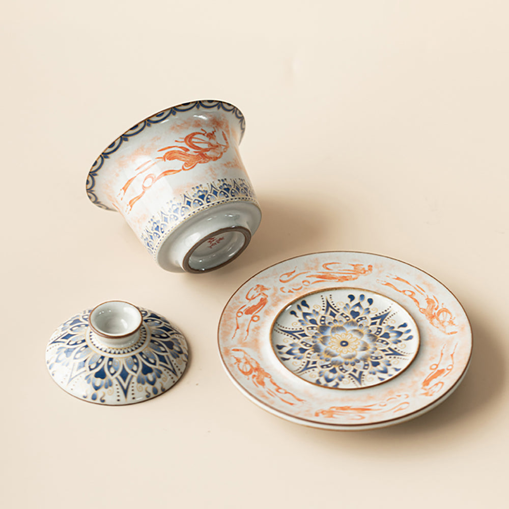 Ruyao Porcelain Gaiwan – Dunhuang Flying Apsaras Lotus Ice Crack Glaze
