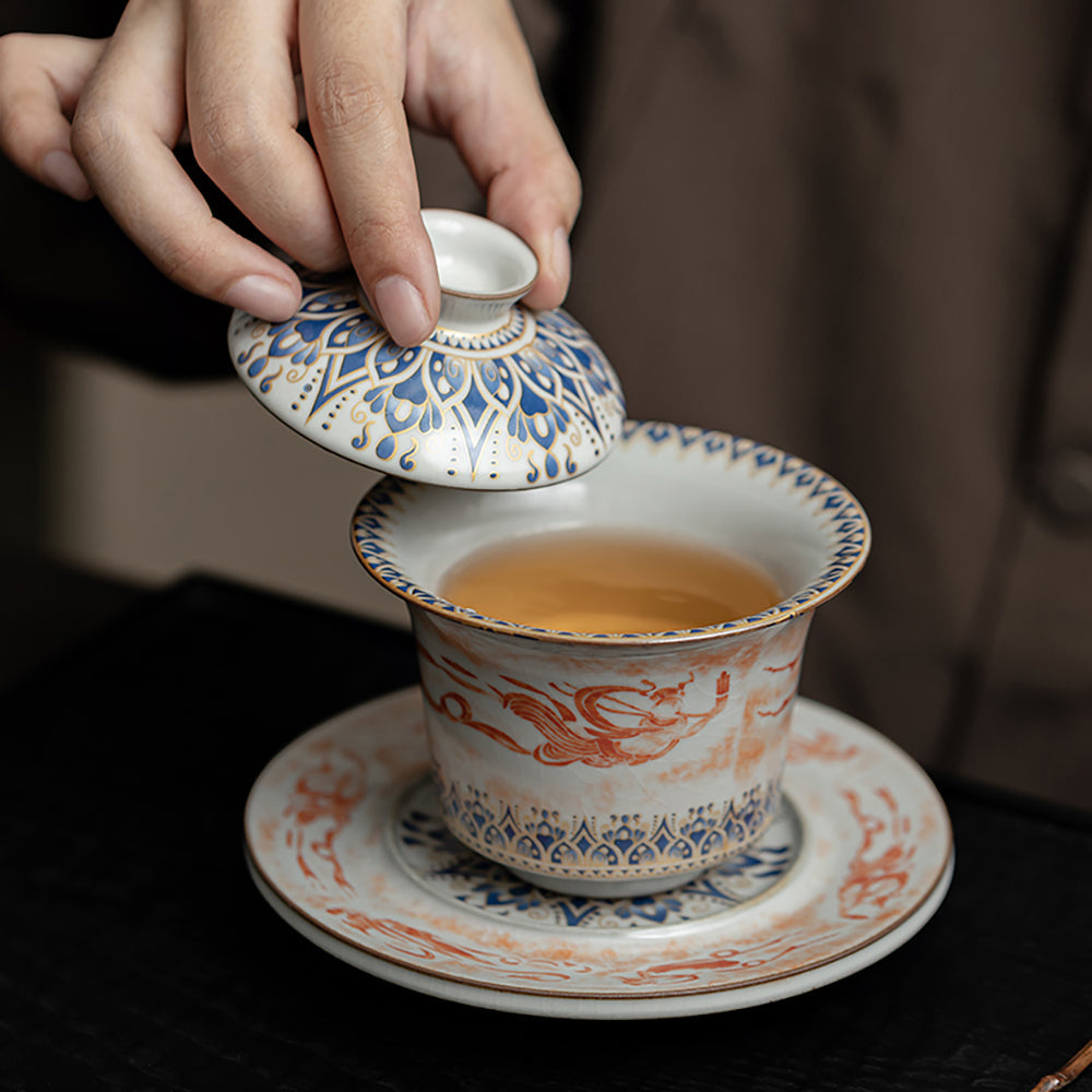 Ruyao Porcelain Gaiwan – Dunhuang Flying Apsaras Lotus Ice Crack Glaze
