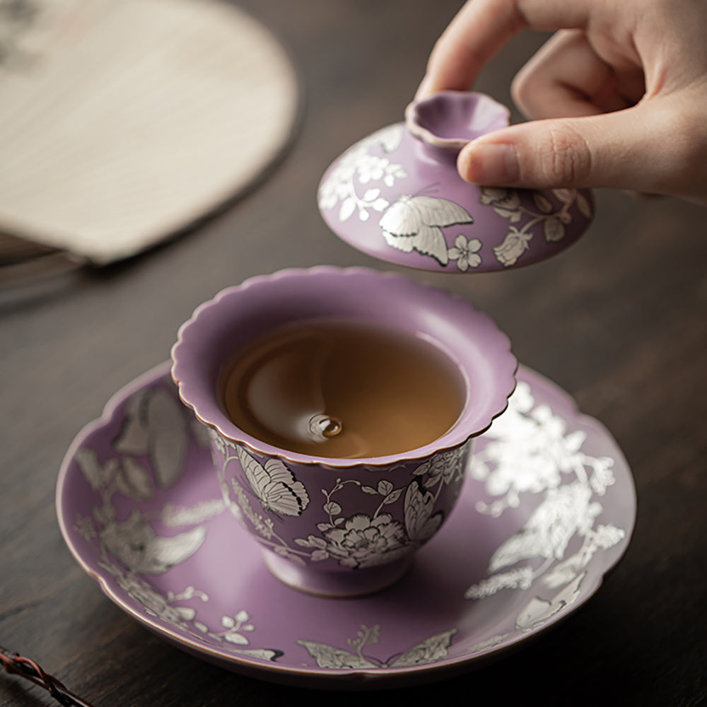 Gaiwan Purple Ruyao Silver Butterfly Floral, 100ml Gift Box