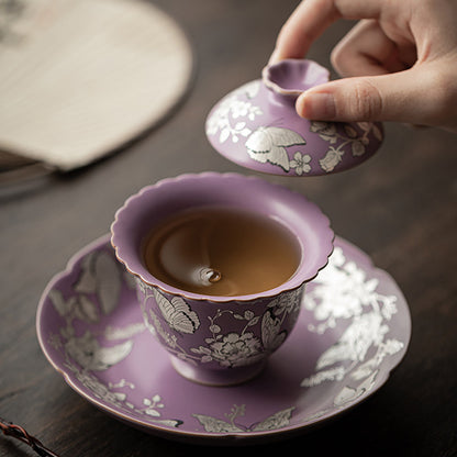 Gaiwan Purple Ruyao Silver Butterfly Floral, 100ml Gift Box