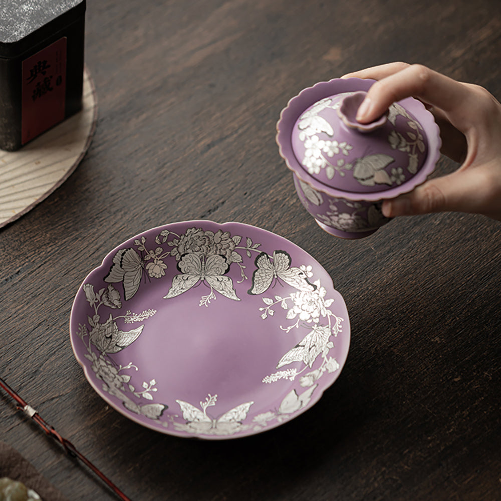 Gaiwan Purple Ruyao Silver Butterfly Floral, 100ml Gift Box
