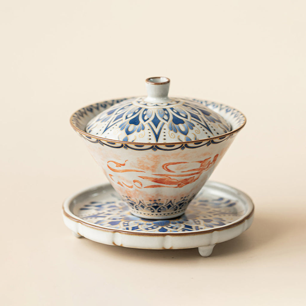 Gaiwan Tea Set – Cone Shape Ruyao Porcelain Dunhuang Flying Apsaras Lotus