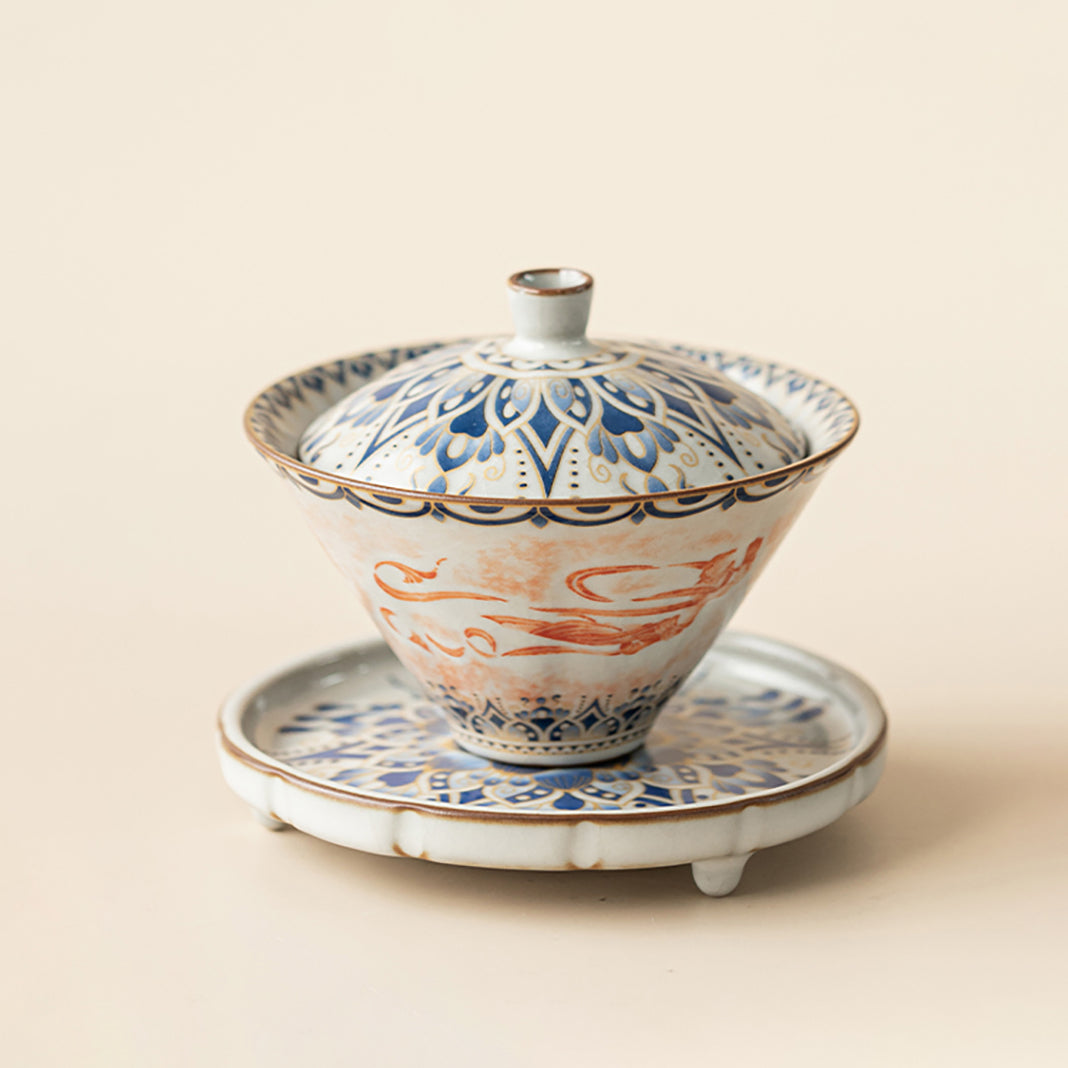 Gaiwan Tea Set – Cone Shape Ruyao Porcelain Dunhuang Flying Apsaras Lotus