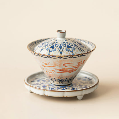 Gaiwan Tea Set – Cone Shape Ruyao Porcelain Dunhuang Flying Apsaras Lotus